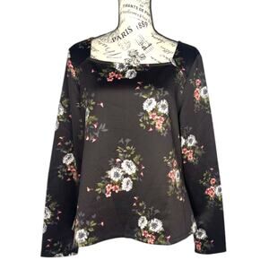 Violets & Roses (M) Square Neck Floral Long Sleeve Top Romantic Chic Feminine